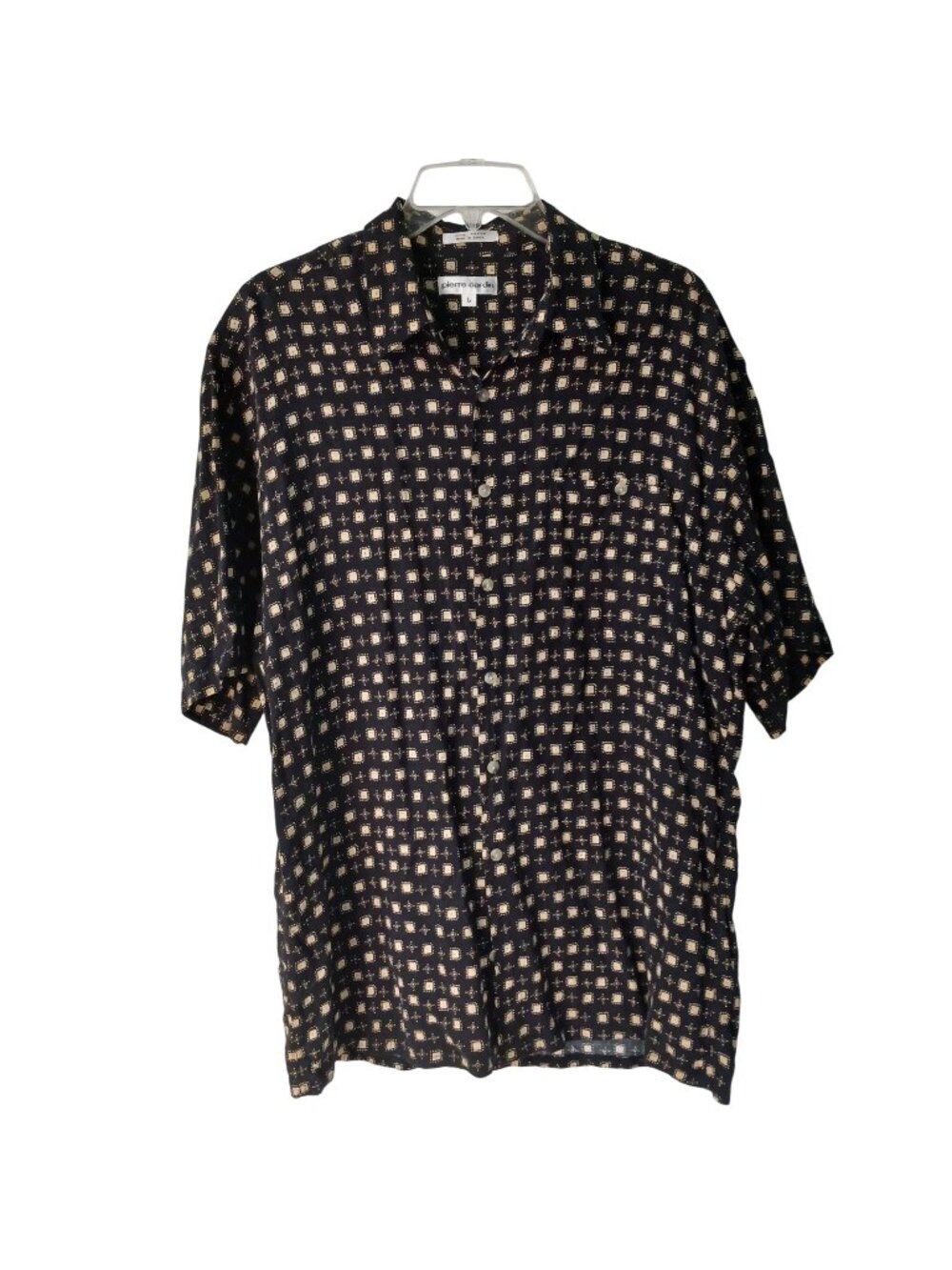 Pierre Cardin Mens L Rayon Short Sleeve Button Shirt Black Tan Geometric #I-2